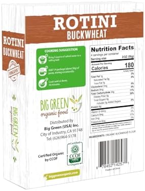 Big Green Organic Food- Organic Buckwheat Rotini, 8.8oz, 100% buckwheat, Gluten-Free, Non-GMO, Vegan (1)