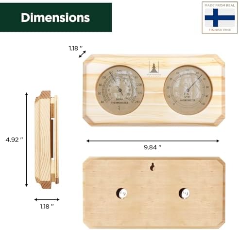 Northwood Sauna - Sauna Thermometer and Hygrometer 2 in 1 - Fahrenheit & Celsius - Handmade from Finnish Pine Wood - Luxurious Golden Metal Dials