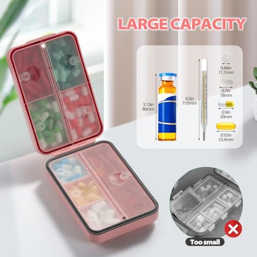Daily Pill Organizer, 8 Compartments Portable Pill Case Travel Pill Organizer, Pill Container Large for Purse Pocket to Hold Vitamins, Cod Liver Oil, Supplements and Medication, Pink