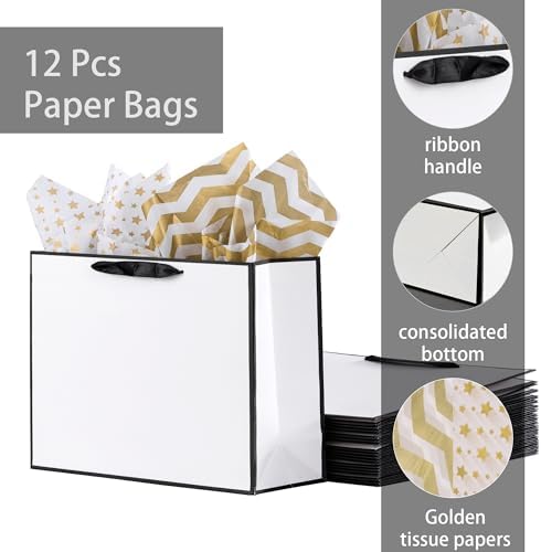 SHIPKEY 12 Pack Extra Large Gift Bags with Tissue Paper, 16x6x12 Inches White Paper Bags with Ribbon Handles, X-Large Gift Bags for Wedding, Christmas and Holidays