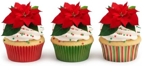 24 X PRE-CUT FLAT CHRISTMAS POINSETTIA FLOWER RICE/WAFER PAPER EDIBLE CUPCAKE TOPPERS PARTY DECORATION