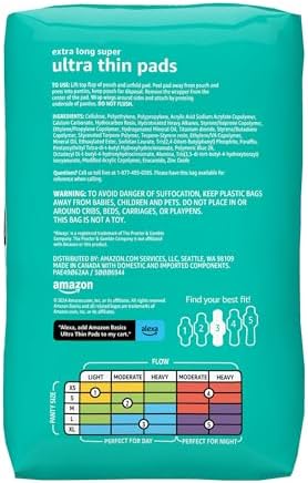 Amazon Basics Ultra Thin Pads with Flexi-Wings for Periods, Extra Long Length, Super Absorbency, Leak Protection, Unscented, Size 3, 28 Count