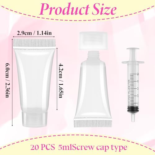 Refillable Empty Tubes Bottles, 20 Pcs 5ml Portable Travel Tubes with Syringes Clear Refillable Toothpaste Tubes Soft Squeezable Containers for Sample Shampoo Makeup Facial Cleanser Lip Gloss