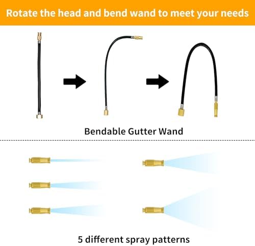 Buyplus Gutter Cleaner Tools from The Ground, Rain Gutter Cleaner Hose Attachment with Extension Poles Up to 8FT, Bendable Gutters Wand | 5 Spray Patterns, Perfect for Garden Hose