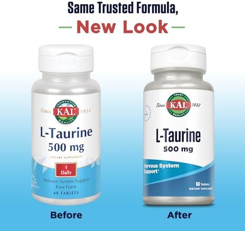 KAL L Taurine 500mg, Amino Acids Supplement, Nervous System Health, Heart Health and Detox Support, Pre Workout Supplement, Rapid Disintegration ActivTabs, 60-Day Guarantee, 60 Servings, 60 Tablets