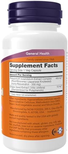 NOW Foods Supplements, Natural Resveratrol 200 mg with Red Wine Extract, 60 Veg Capsules