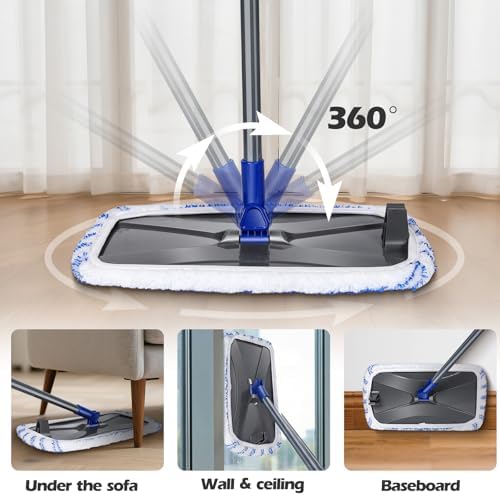 MASTERTOP Microfibre Flat Mop, Extended Wet Dry Large Floor Mop with 5 Reusable Pads & Telescopic Handle, Dust Mops for Laminate Wooden Hard Floor Vinyl Tile Floors Cleaning - Send 1 Cleaning Scraper