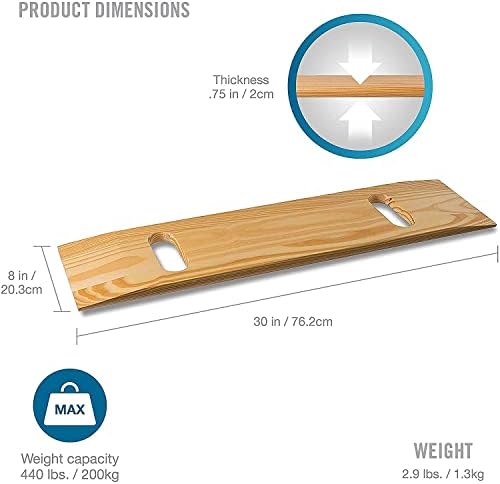 DMI Transfer Board and Slide Board, FSA Eligible, Made of Heavy-Duty Wood for Patient, Senior and Handicap Move Assist and Slide Transfers, Holds up to 440 Pounds, 2 Cut out Handles, 30 x 8 x 1