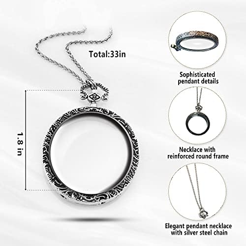 YYHSND 10X Magnifying Glass Necklace Magnifier Necklace Pendant Optical Magnifier with Chain Necklace for Library, Reading, Zooming and Jewelry (Color : Silver)