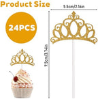 24 Pcs Crown Cupcake Toppers Gold Princess Cupcake Toppers Glitter Queen Crown Cupcakes Picks for Queen Princess Theme Baby Shower Girls Wedding Birthday Party Cake Decorations Supplies