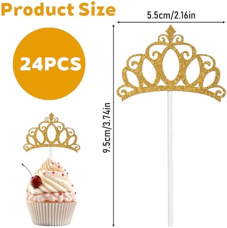 24 Pcs Crown Cupcake Toppers Gold Princess Cupcake Toppers Glitter Queen Crown Cupcakes Picks for Queen Princess Theme Baby Shower Girls Wedding Birthday Party Cake Decorations Supplies
