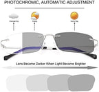 Rimless Bifocal Reading Glasses Transition Photochromic UV400 Protection Sun Readers Titanium Eyewear for Men