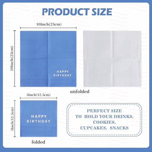 Vuzvuv 52 Pack Silver Foil Happy Birthday Cocktail Napkins - Birthday Party Dinner Hand Napkin for Party Supplies Decorations Table Decor for women man(5" Folded 3 Ply-Navy Blue)
