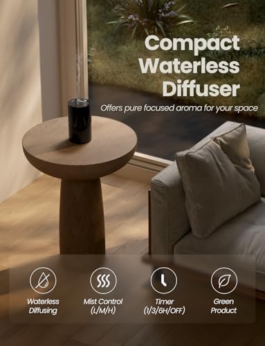 Waterless Essential Oil Diffuser, Portable Aromatherapy Diffuser with 20mL Capacity, Battery Operated Mini Scent Diffuser,3 Mist Levels & Timers, Leak-Free, for Home, Car, Office (Black)