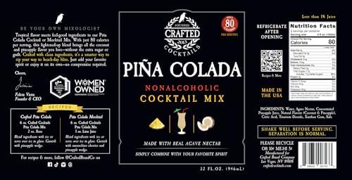 Crafted Cocktails Piña Colada Mix | 2 Pack | Only 80 Calories per Serving | Premium Coconut Cream, Pineapple Juice, & Sweetened with Agave | Makes about 8 Cocktails or Mocktails per Bottle