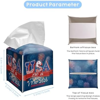 USA 250th Anniversary Patriotic Square Tissue Box Cover, 5.2" PU Leather Tissue Box Holder with Fireworks American Flag Design, Hand-Stitched Decorative Cube Tissue Box Cover for Home Car Office