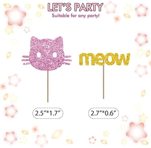 Set of 24 Kitten Cat and Meow Cupcake Toppers for Pet Theme Birthday, Gold & Pink Glitter Cat Face Sign Cupcake Toppers, Cake Decorations for Kitten Theme Baby Shower Kids Party Supplies