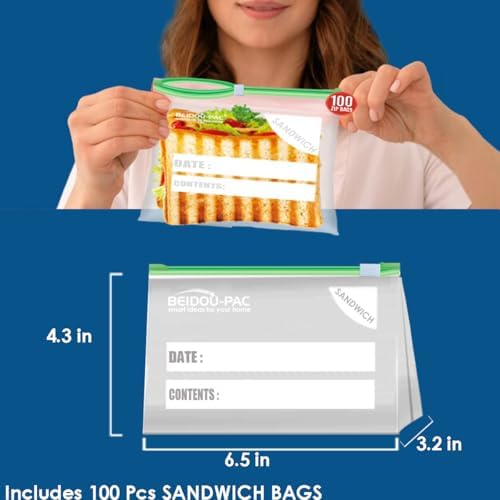 BEIDOU-PAC Slider Sandwich Food Storage Freezer Bags with Stand-Up Bottom, 600 Count | 2 Mil | 6.5 IN x 4.3 IN x 1.6 IN, Freshness Easy Open Reclosable Clear Plastic Bags (Slider-sandwich-600count)