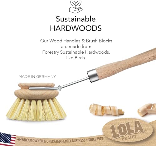 LOLA - The Original- Pot & Pan Brush, Heavy Duty Brass Wire & Tampico Bristles, Handle Made from Sustainable Birch Wood for Cleaning, 1 Pack