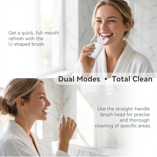 Sonic Electric U Shaped Toothbrush for Adults, Automatic Full Mouth Cleaning Toothbrush, 360° Stain Removal, IPX7 Waterproof Rechargeable, 3 U-Shape & 2 Straight Brush Heads (White - Cup)