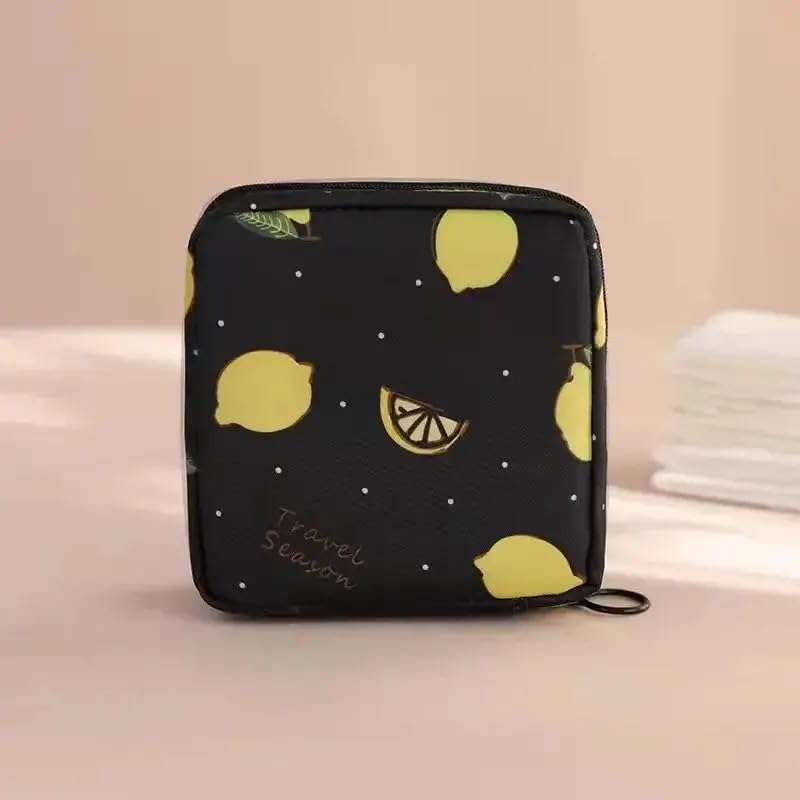 Women Sanitary Napkin Tampon Storage Bag Portable Waterproof Organizer Pouch Cartoon Pattern Sanitary Napkin Bag (Black Lemon)