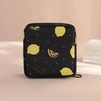 Women Sanitary Napkin Tampon Storage Bag Portable Waterproof Organizer Pouch Cartoon Pattern Sanitary Napkin Bag (Black Lemon)