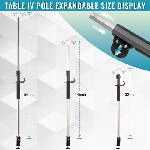 Table IV Poles Telescopic,32 to 56In Portable Desktop IV Stand with Storage Bag 4 Hooks IV Bag Holder Frosted Pipe Extension Pole IV Influsion Pole for Home Hospital Clinic (Stainless Steel)