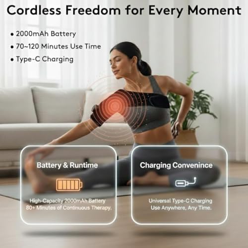 Cordless Shoulder Heating Pad with Vibration & Cold Gel Pack, Heat, Cool&Massage Support Wrap 6 Heat Level, 3 Vibration Mode, Adjustable Neoprene Shoulder Brace for Rotator Cuff Pain Relief Men&Women