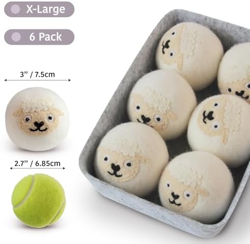 Wool Dryer Balls XL 6-Pack with Felt Storage Box, 100% Pure Wool Dryer Balls, Reusable Laundry Dryer Balls, Reduce Drying Time Wrinkles Static, Natural Fabric Softener Alternative (White Sheep)