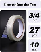 10 Pack 3/4 in×27YDS, Filament Strapping Tape, 270yds Total, Clear Fiberglass Reinforced Packing, Heavy Duty Wearproof Tape, Extra Thickness 5.5 mil
