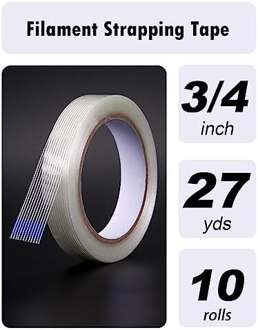 10 Pack 3/4 in×27YDS, Filament Strapping Tape, 270yds Total, Clear Fiberglass Reinforced Packing, Heavy Duty Wearproof Tape, Extra Thickness 5.5 mil