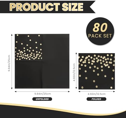 80 Pack of White Paper Cocktail Napkins with Gold Foil Polka Dot Confetti，Polka Dot Party Supplies(5 x 5 in，3-ply) (Black)