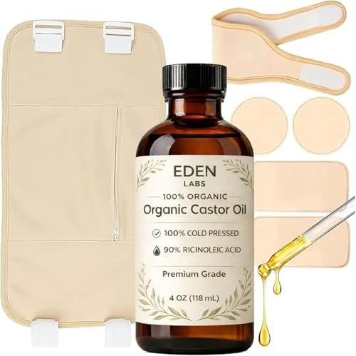 Eden Labs Castor Oil Pack – Reusable Adjustable Castor Oil Wrap with Glass Bottle, Leak-Resistant Cotton Design for Abdomen, Waist & Neck