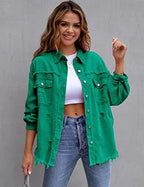 Perbai Womens Oversized Ripped Denim Jacket Frayed Hem Button Front Boyfriend Jean Coat Western Shacket with Pockets