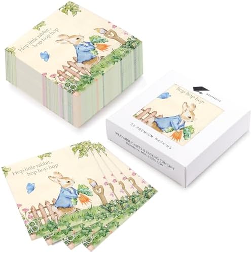 WRAPAHOLIC 50Pcs Easter Cocktail Napkins - 3-Ply Garden Hop Rabbit Disposable Paper Napkins for Easter, Spring, Birthday and Baby Shower - 5 x 5 In