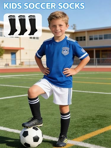 Glooarm 3 Pairs Kids Soccer Socks Baseball Uniform Striped Knee High Socks Cotton World Cup for Boys Girls 3-12 Years Old