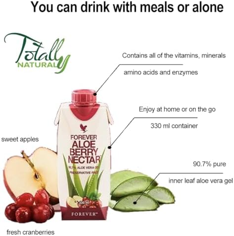 2 x Forever Aloe Berry Nectar Minis (330mL/11.15oz Each) 90.7% Pure Inner Leaf Aloe Vera Gel, No Added Preservatives. Gluten-Free (Pack of 2)