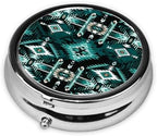 Round Pill Holder, Waterproof Organizer Case, Compact Travel Pill Box for Vitamins, Pocket Purse Use for Seniors, Teal Turquoise Tribal Navajo Aztec Geometric Ethnic Pattern