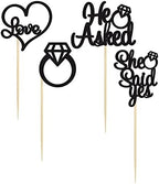 Gyufise 24 Pack Black Glitter He Asked She Said Yes Cupcake Toppers Glitter Heart Ring Cupcake Picks Decorations for Wedding Engagement Bridal Shower Party Supplies