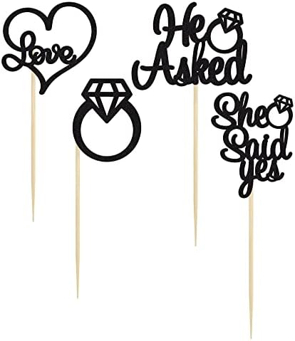 Gyufise 24 Pack Black Glitter He Asked She Said Yes Cupcake Toppers Glitter Heart Ring Cupcake Picks Decorations for Wedding Engagement Bridal Shower Party Supplies