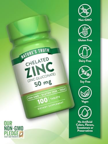 Nature's Truth Chelated Zinc 50mg | 100 Tablets | Essential Mineral Supplement | from Zinc Gluconate | Vegan, Non-GMO & Gluten Free