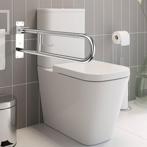 Toilet Grab Bar 30.3 Inch, YuanDe Flip Up Grab Bar with Paper Holder, Polished Chrome Anti-Slip Safety Bars for Toilet, Stainless Steel Knurled Toilet Handles for Seniors Disabled Elderly Pregnant