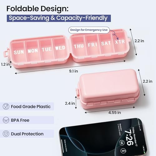 NEW Foldable Weekly Pill Organizer with Extra Grid, Cute & Portable 7 Day Pill Box 1 Time a Day, Week Daily Medicine Organizer - Large Travel Pill Case Holder Dispenser for Vitamin, Supplement - Pink