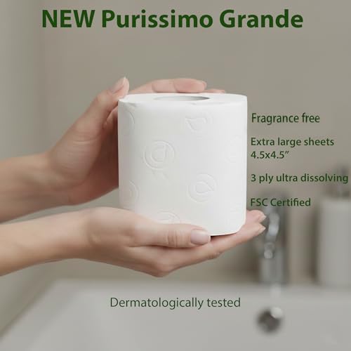 Renova Grand Purissimo White Toilet Paper 24 Rolls, 3-Ply, Fragrance-Free, 180 Sheets/Roll, 4.5 x 4.5 in Wide Sheets, FSC Certified, Dermatologically Tested