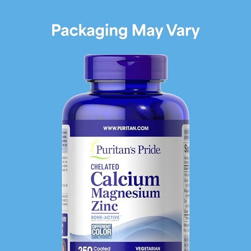 Puritan's Pride Premium Chelated Calcium Magnesium Zinc with Bone-Active™, Dietary Supplement for Bone Health and Immune Function Support, 250 Coated Caplets