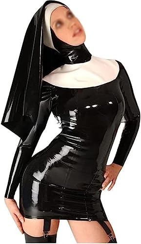 Black and White Sexy Latex Dress with Garters Nun Habit Headgear Cross Front Zip Back Rubber Uniform Bodycon Playsuit,Black-White,Medium