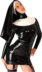 Black and White Sexy Latex Dress with Garters Nun Habit Headgear Cross Front Zip Back Rubber Uniform Bodycon Playsuit,Black-White,XXL