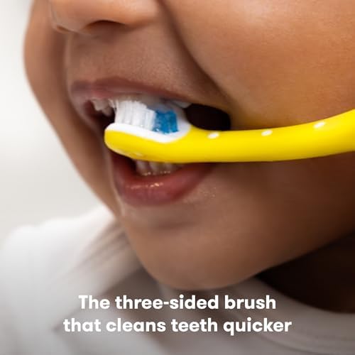 Frida Baby Triple-Angle Toothhugger Training Toddler Toothbrush | Toddler Toothbrush 2 Years and Up, Cleans All Sides at Once | 2 Pack (Yellow + Blue)