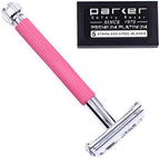 Parker 29L Pink, Long Handle Butterfly Open Double Edge Safety Razor for Women, 5 Parker Premium Platinum Double Edge Razor Blades Included