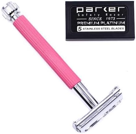 Parker 29L Pink, Long Handle Butterfly Open Double Edge Safety Razor for Women, 5 Parker Premium Platinum Double Edge Razor Blades Included